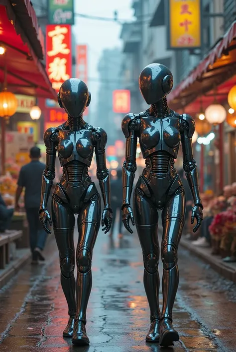 Two female and male androids with androgenic features, they both walk through a trans-humanist city where technology is an exten...