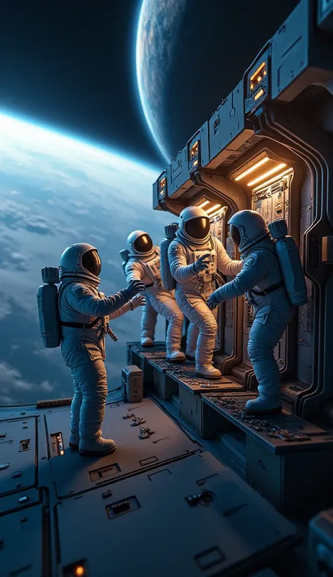 Astronauts adjusting the power system of the space orbit module with glowing panels.