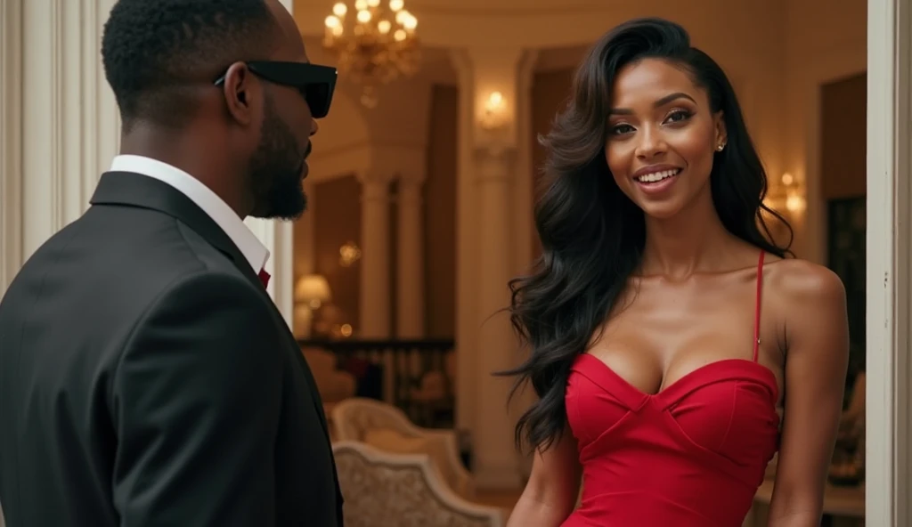 At the entrance of a luxurious Lagos mansion, a sharply dressed Nigerian man in a black suit and sunglasses speaks politely to a...