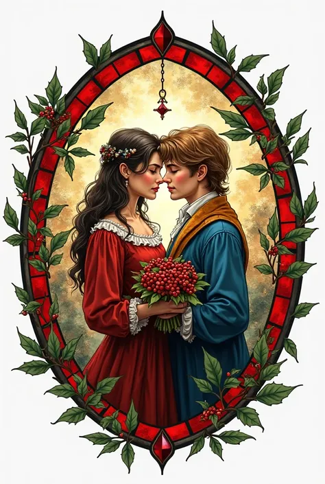 an illustration of a circular stained glass window with cute [Romeo and Juliet] with holly and berries isolated on white, on whi...