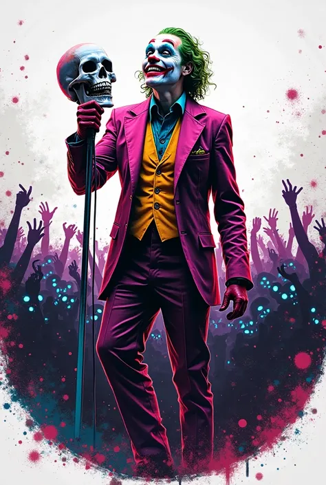 art of joker as a punk rock performer on stage, holding a microphone shaped like a laughing skull, crowd of silhouettes with glo...