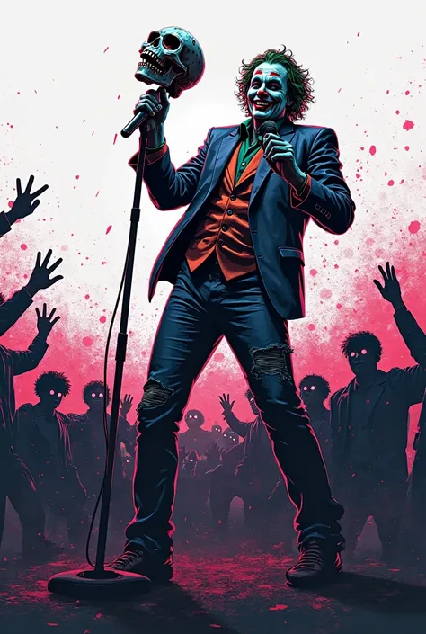 art of joker as a punk rock performer on stage, holding a microphone shaped like a laughing skull, crowd of silhouettes with glo...