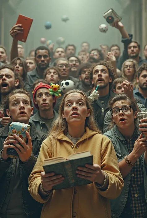 People holding random items (like toys and books) looking confused.