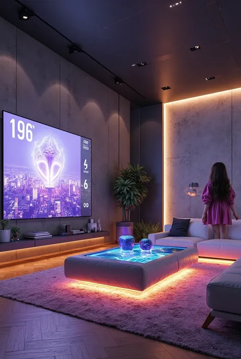 Beautiful girl with wavy lA ultra-modern living room with a cyberpunk-inspired aesthetic, blending warm organic textures with fu...