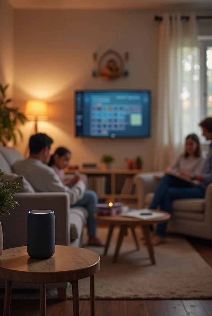 A cozy family living room with a smart speaker on a side table. A notification light shows it’s active. A parent sits on the co...