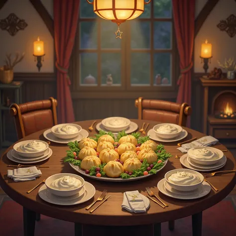 large round table in the center, on the table is a plate of Ukrainian traditional dumplings, greens and sour cream