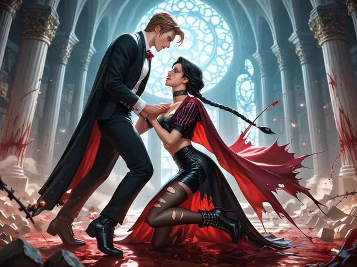 A digital anime-style illustration depicts a tall, slender 24-year-old girl and a lithe young man locked in a passionate, blood-...
