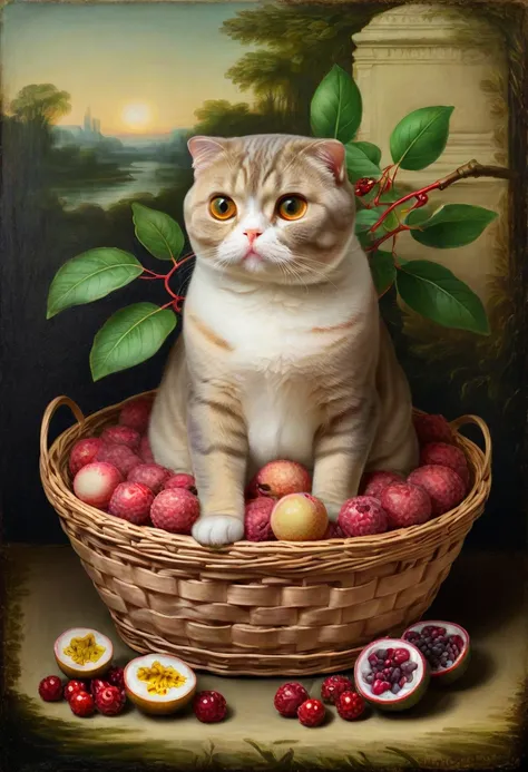 (Mona lisa), Scottish fold face with Mona lisa body , Old painting , Lychee Passionfruit Red berry in basket