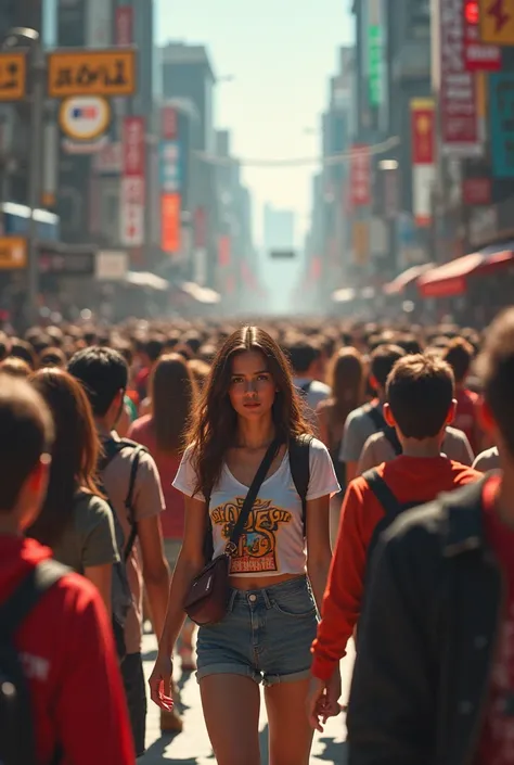 A young woman in the midst of a large crowd