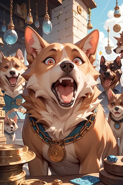 many dog faces, each with surprised or shouting expressions. The cats are of various breeds and colors, depicted in a highly det...