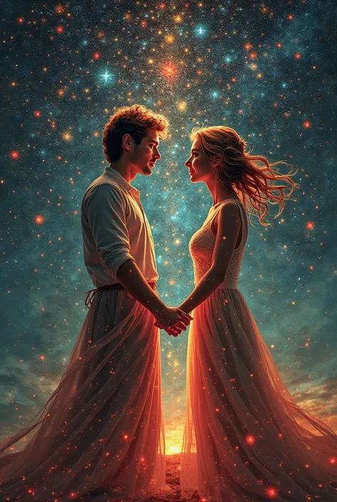 A man and a woman are connected by a red thread, they look at each other as if they recognize each other, they stretch but tryin...