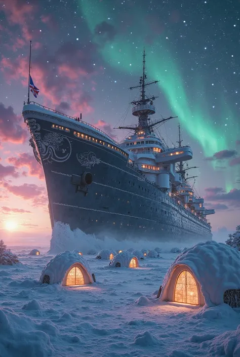 a large ship that looks spectacular with many worlds passing on the artic ocean. The sky is black with highlights of pink, purpl...