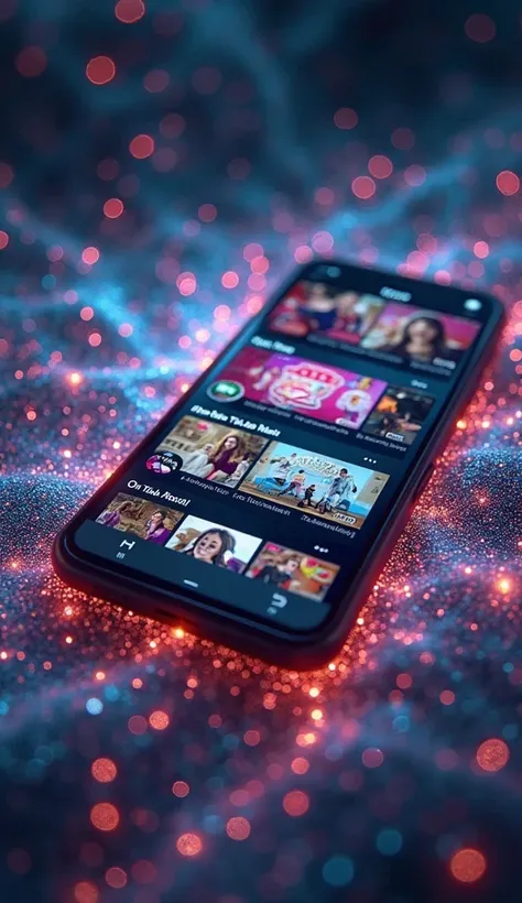 Create an 8k HD image from a social media screenshot on a smartphone, showing TikTok videos and a background of moving digital p...