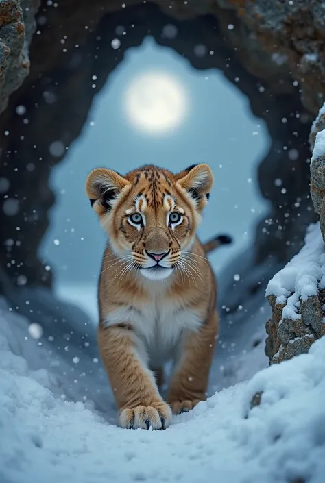A small baby lion, about the size of a domestic cat, with soft golden fur and white patches on its chest, steps out of a cave ne...