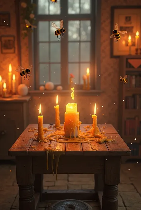 Antique room full of candles. Old table with burning candles. Wax dripping. Adorable bumble bees flying around