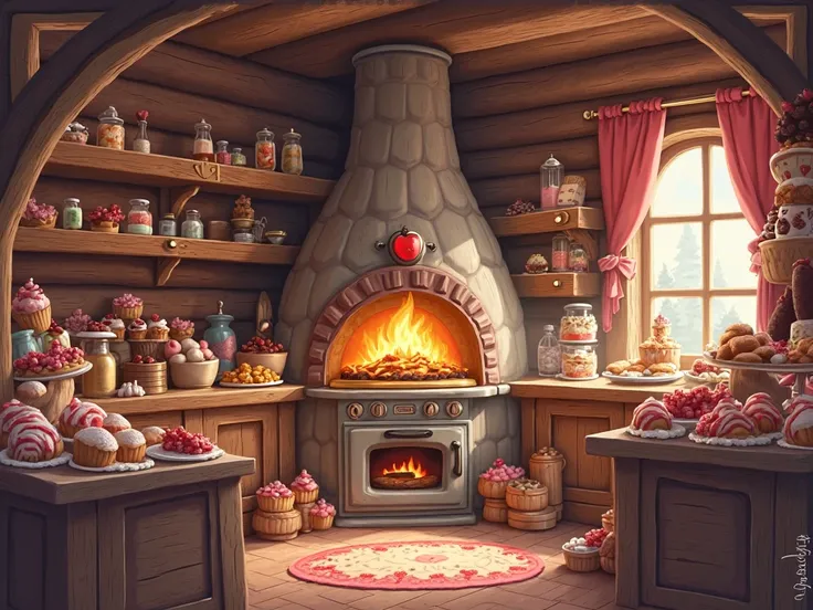 The interior of a cabin with sweets everywhere you also make a large oven