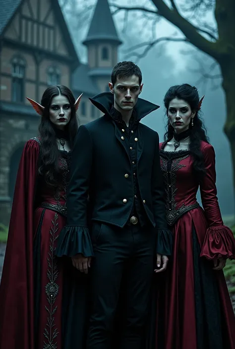 Vampires men and women with pointy ears and Victorian-style black-and-red robes with their dark blue skins and black eyes on the...