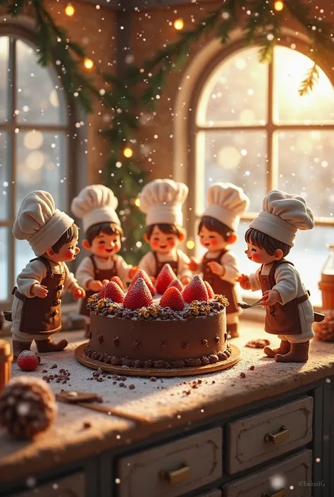 A team of five tiny chefs in cute aprons are working together to create a luxurious gateau au chocolat in a whimsical chocolate ...