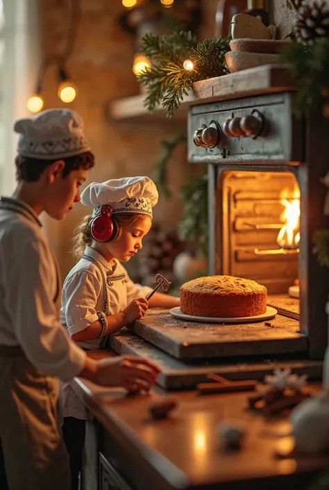 A tiny chef, wearing earmuffs, is closely checking the oven’s temperature with a thermometer. Nearby, other tiny chefs gather ar...