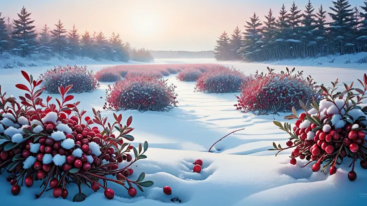 Cranberry in a Winter Setting: An artistic illustration of cranberry plants in a snowy, wintry landscape, symbolizing resilience...