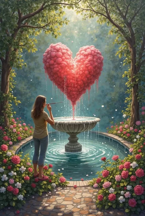 create a scene where a poet painter is painting a fountain that fountain is a heart and around that fountain a rose and jasmine ...