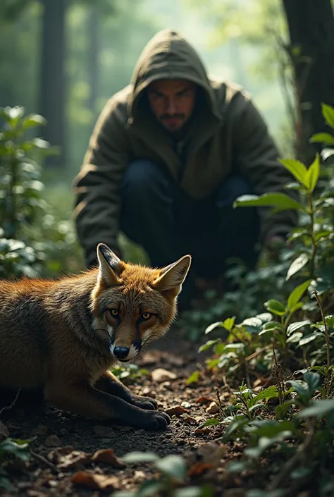 Creat a Man hidding to catch a fox by a trap