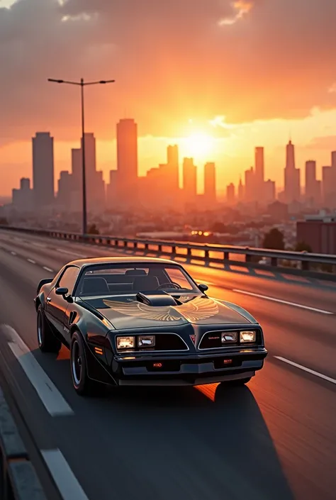 1 trans am the highway of the city where the sun sets、A scene from a game drawn in 3DCG、looking at Trans Am from the side in a d...