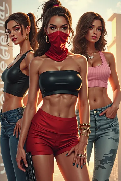 Artist 13RAUL10. Three women, one on the left, one on the right, and one in the center. Another woman is a stylized, semi-realis...