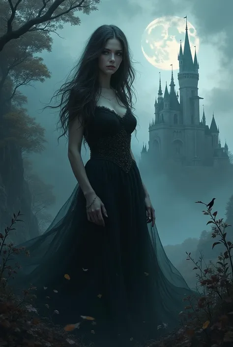 A beautiful fantasy novel cover with dark theme. And a castle.merged with a beautiful woman
