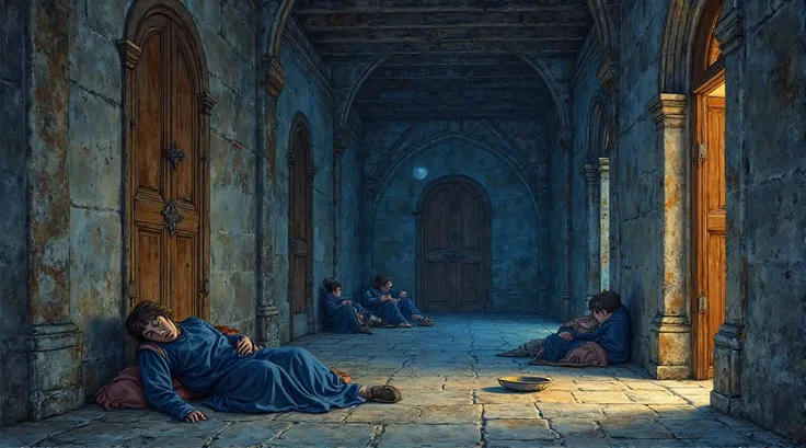 Prompt 3: "A quiet palace corridor at night with guards in indigo tunics dozing beneath arched windows, the faint glow of moonli...