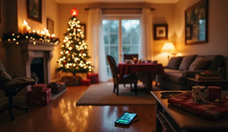 A warmly lit living room after a holiday gathering, now empty and silent. Faint traces of celebration remain—twinkling string li...