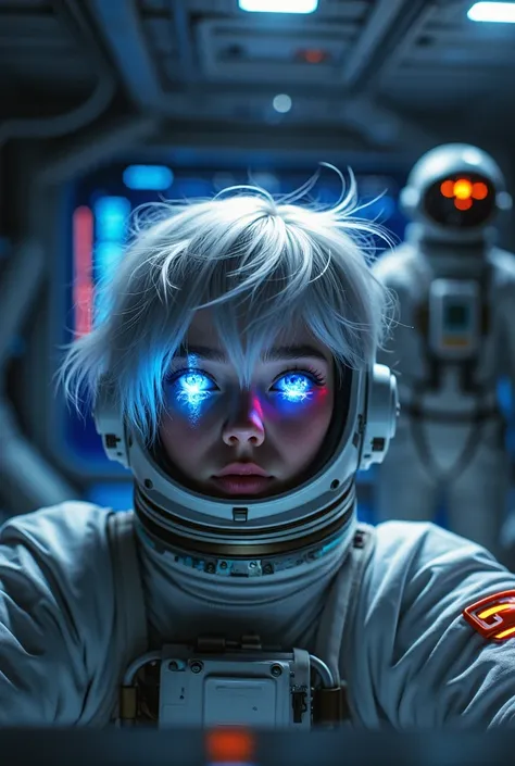 (Close-up of a better masterpiece:1.5)0.9], (Space and astronauts:1.2) (Messy silver hair:1.1) (Heterochromia xanthochromia and ...