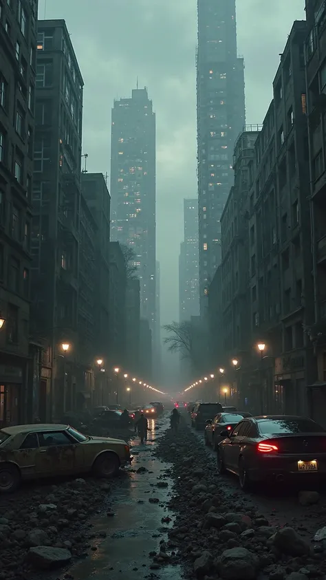A dystopian city divided by a wall: on one side poverty, ruins and sadness; on the other, shiny skyscrapers, luxury cars and par...