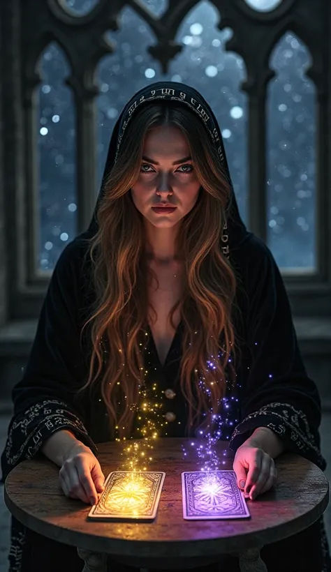 A mysterious fortune teller woman sitting at a round table with two tarot cards floating in front of her — one glowing gold, the...