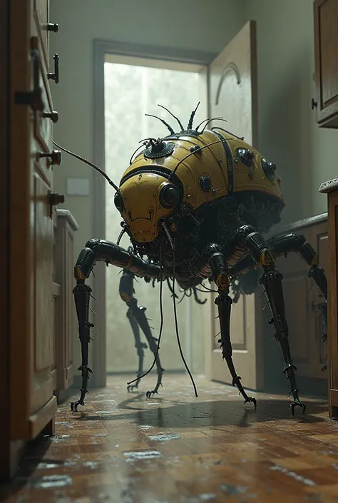 A realistic cockroach, but the head is a fan, its body like a robot-like and gears visible, invading people's home to scare off ...