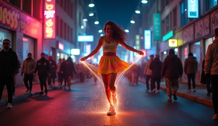 A bold, confident young woman dancing in the middle of a city street at night, wearing sneakers with a dress, surrounded by neon...