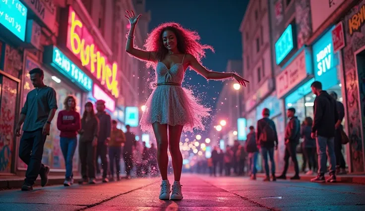 A bold, confident young woman dancing in the middle of a city street at night, wearing sneakers with a dress, surrounded by neon...