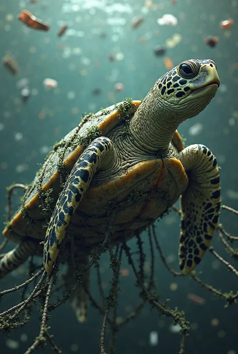 A turtle trapped in a fishing net made with recycled materials such as plastic, rubber and metal.to draw