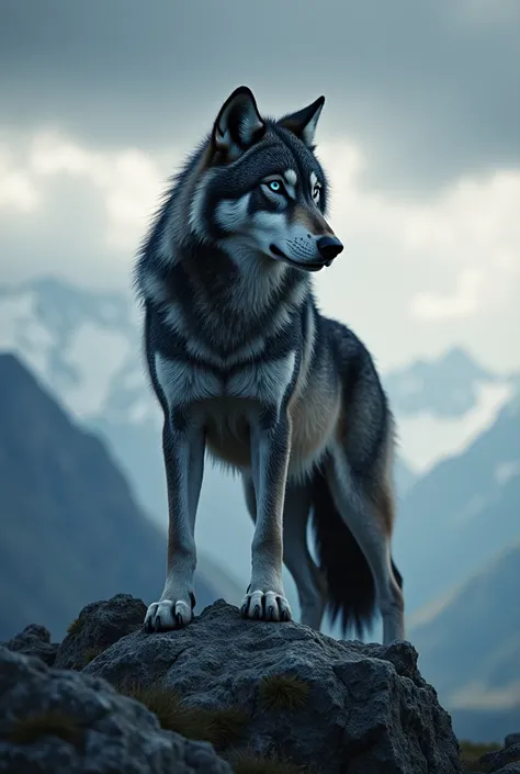 A majestic, realistic black and white wolf with piercing blue eyes, standing imposingly on top of a mountain peak, under a drama...