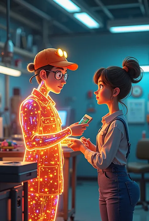 Create a technician serving a customer the technician is made of fiber optics his uniform is red and yellow and make it a little...