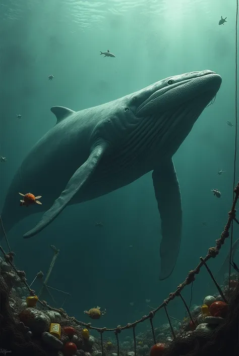 Whale in the water with floating trash and animals stuck by the trash
