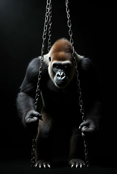 A powerful 4K image of a gorilla breaking free from a cage. The background is black, and the gorilla appears to be trying to esc...