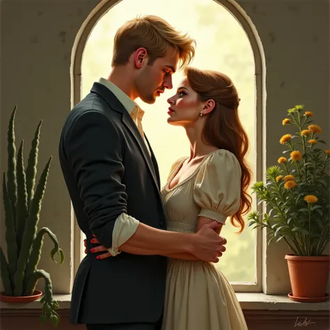 REALISTIC OIL PAINTING, He is Russian , porcelain skin. a couple in a scene full of emotional tension and with a romantic aesth...
