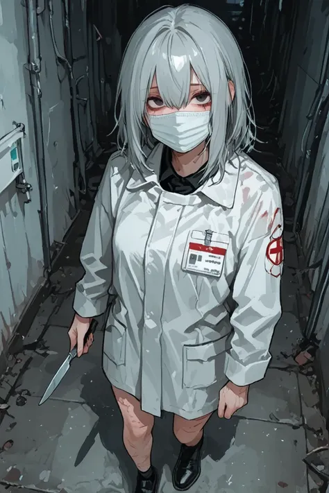 Appearance:
head: She wears a white surgical mask without features, completely smooth except for a black spot between the eyes....