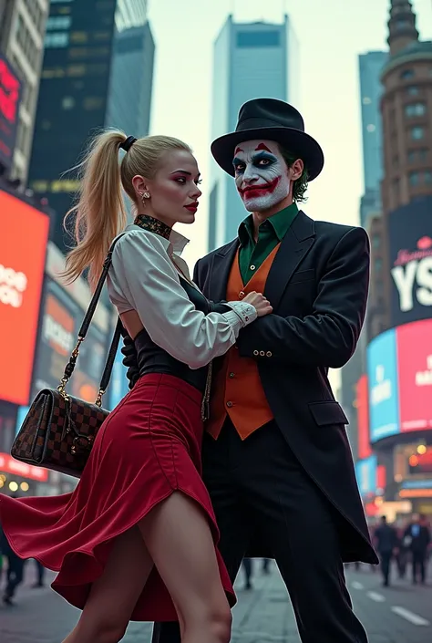 Harley Quinn with Joker, Times Square robbery, Harley Quinn with designer bag, red skirt and white blouse that falls. Joker dres...