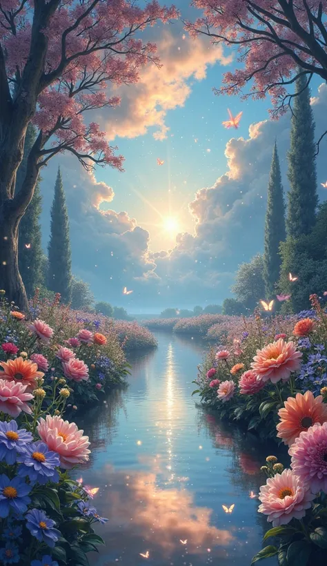 A celestial garden mirrored in the sky, where roses, salvia, blue stars, azaleas, and gladiolus bloom upside-down and right-side...