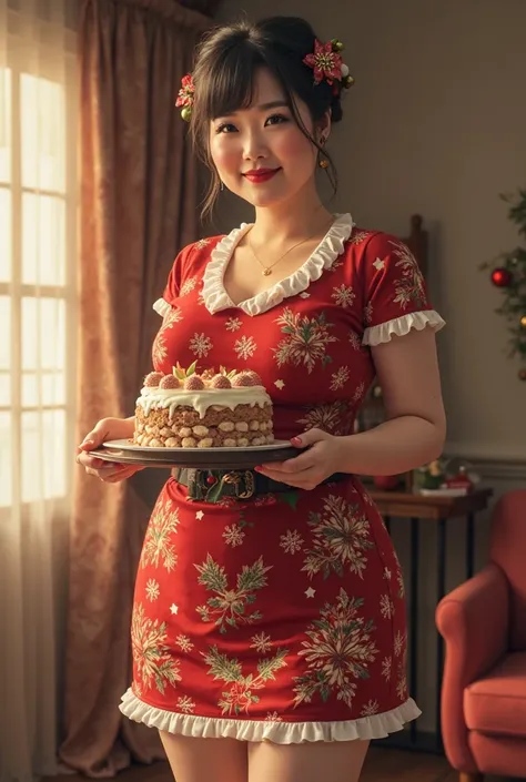 Chinese woman,Forty-,Beautiful appearance,The body is plump and mature,Wear a Christmas-style miniskirt,Holding a cake,The backg...