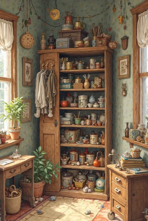 Generate image in ghibli. A clean image with cluutered small closet including neutral background with cozy envoirment