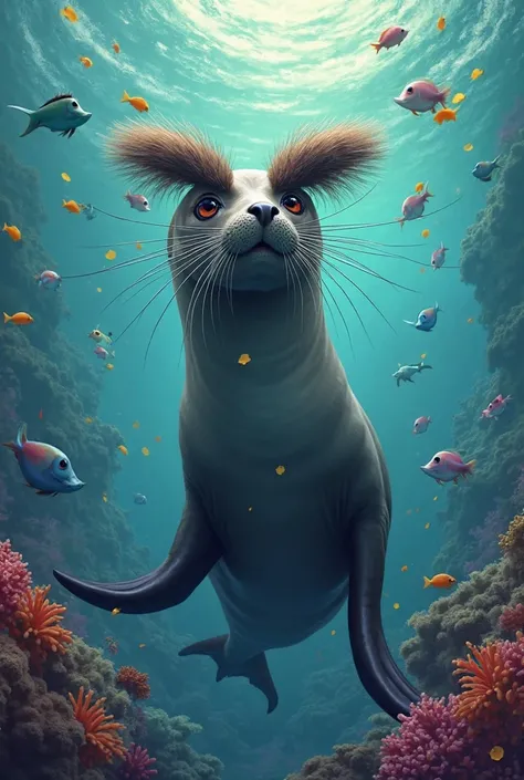 Invent fine sea lion with two very very large eyebrows with a scientific name related to the surname Alvarado