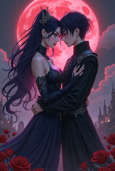 A dark and sensual anime-style fantasy illustration of a powerful girl standing very close to Sung Jin-Woo from Solo Leveling. H...